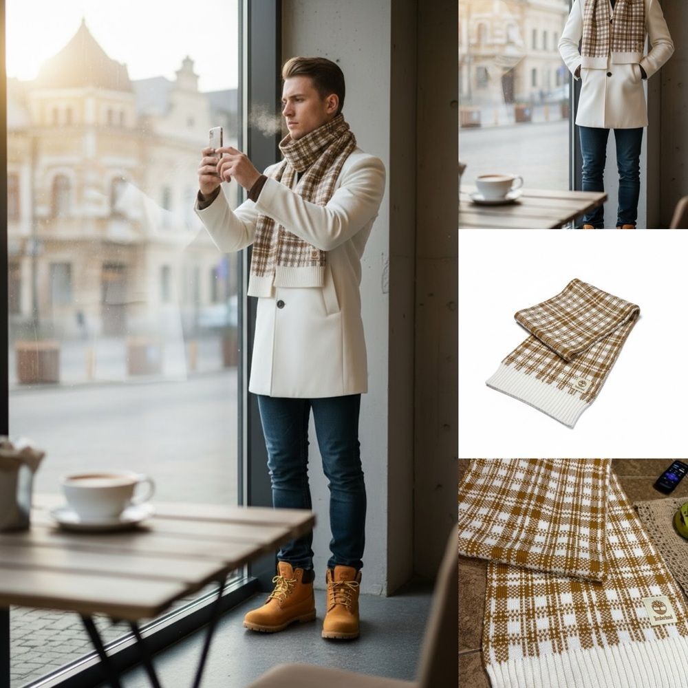 Timberland Plaid Knit Scarf Cream Brown Logo Winter Unisex NWT